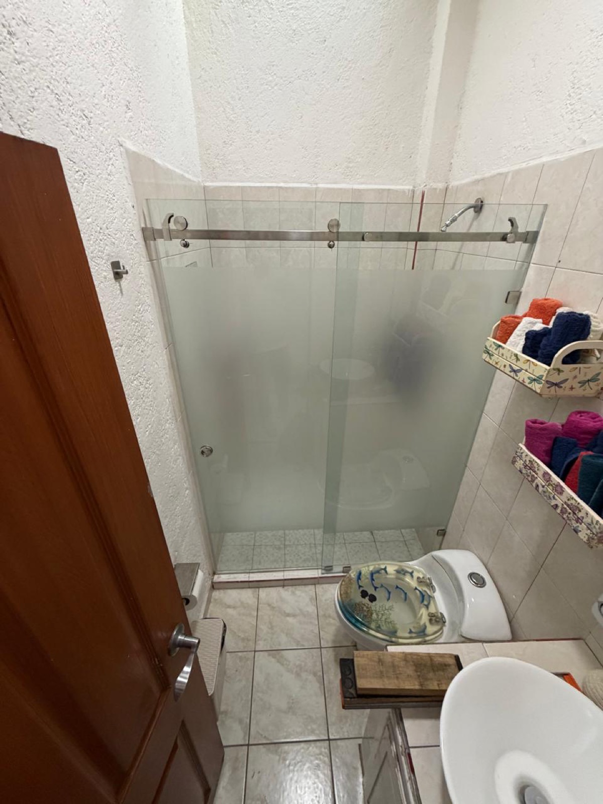 Cancel corredizo de vidrio esmerilado en un baño pequeño de Querétaro